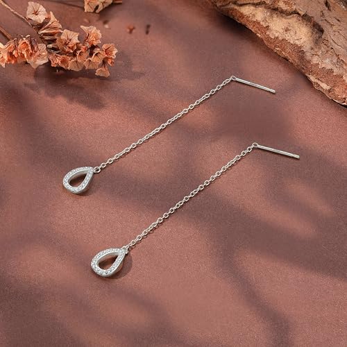 FUNYCEHN S925 Sterling Silver Threader Earrings for Women Dainty Long Chain Ear Line with Cubic Zirconia Elegant Dangle Tassel Earrings Heart Earring Wedding Jewelry Christmas Weeding Gifts for Her2