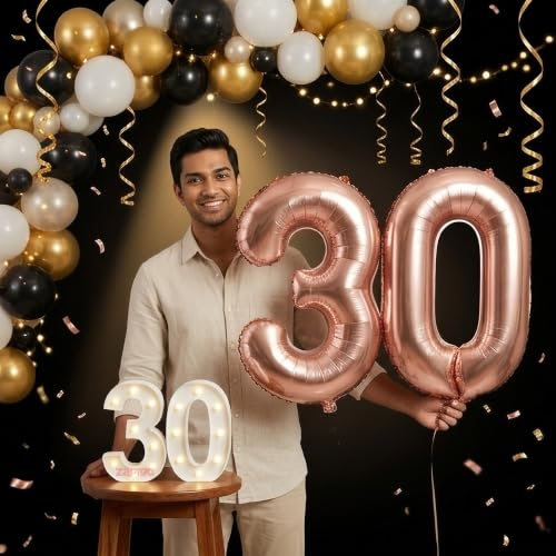 Image of Balloonistics Rose Gold 40-Inch Foil Number 30 Balloon with Matching LED Marquee Light - Combo Set for 30th Birthday, Anniversary, Party Decoration, Photo Booth Backdrop, Cake Table Decor