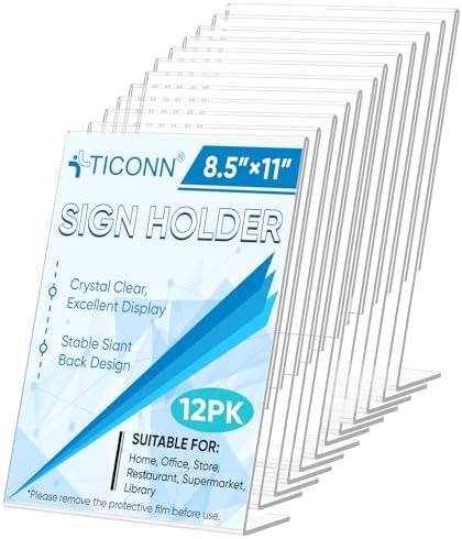 TICONN 8.5 x 11 Acrylic Sign Holder, L Shape Clear Sign Stand for Displaying, Plastic Paper Holder for Office, Store, Restaurant (Vertical 12 Pack)
