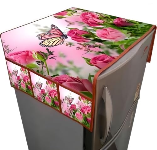 Image of STOREUP double Door or Single Door Fridge Cover | solid Print Fridge Cover With Side Pockets|Fridge Top Cover|Refrigerator Cover|Washable Cotton Material|6 Utility Pockets (pink butterfly)
