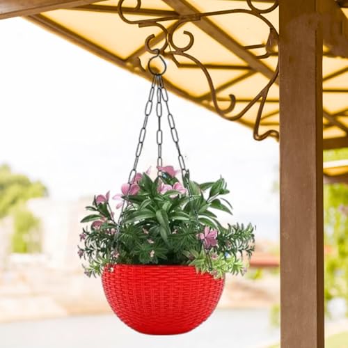 Image of Go Hooked Pots | Plastic | Hanging Pot | Red | Pot Diameter- 7.1 Inch | Pot Height-4.8 Inch | Pot Thickness-3 mm | Chain Length-13 inch Approx. | 6 Pieces