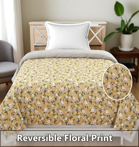 Image of IVAZA Luxury Ultrasonic Punch AC Comforter Blanket - Quilted Microfiber Floral Pattern, Lightweight Breathable All‑Season Blanket for Bedroom, Travel (Singled Bed,228x152 CM) (Mustard Yellow)