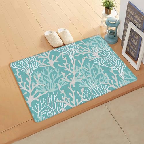 Turquoise Geometric Coral Antifatigue Kitchen Bath Door Mat Cushioned Runner Rug,Washable Welcome Floor Sink Mat,Waterproof & Non-Slip Kitchen Standing Doormat,Contemporary Minimalist White 18