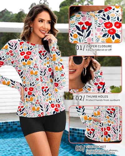 WOWENY Women Rash Guard Long Sleeve 2 Piece Swimsuit Zipper SPF Swim Shirt and Shorts UV UPF 50 Bathing Suit with Pocket4