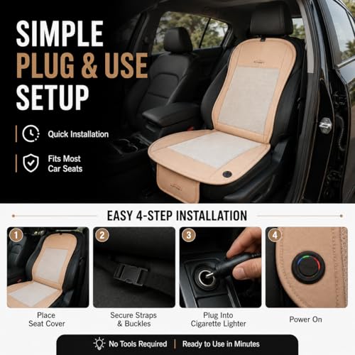 Image of Car Ventilated Cooling Seat Cushion Cover with 10 Powerful Fans & 3 Adjustable Cooling Levels, Breathable Fabric + Beige Leather Universal Fit for All Cars, Large Airflow