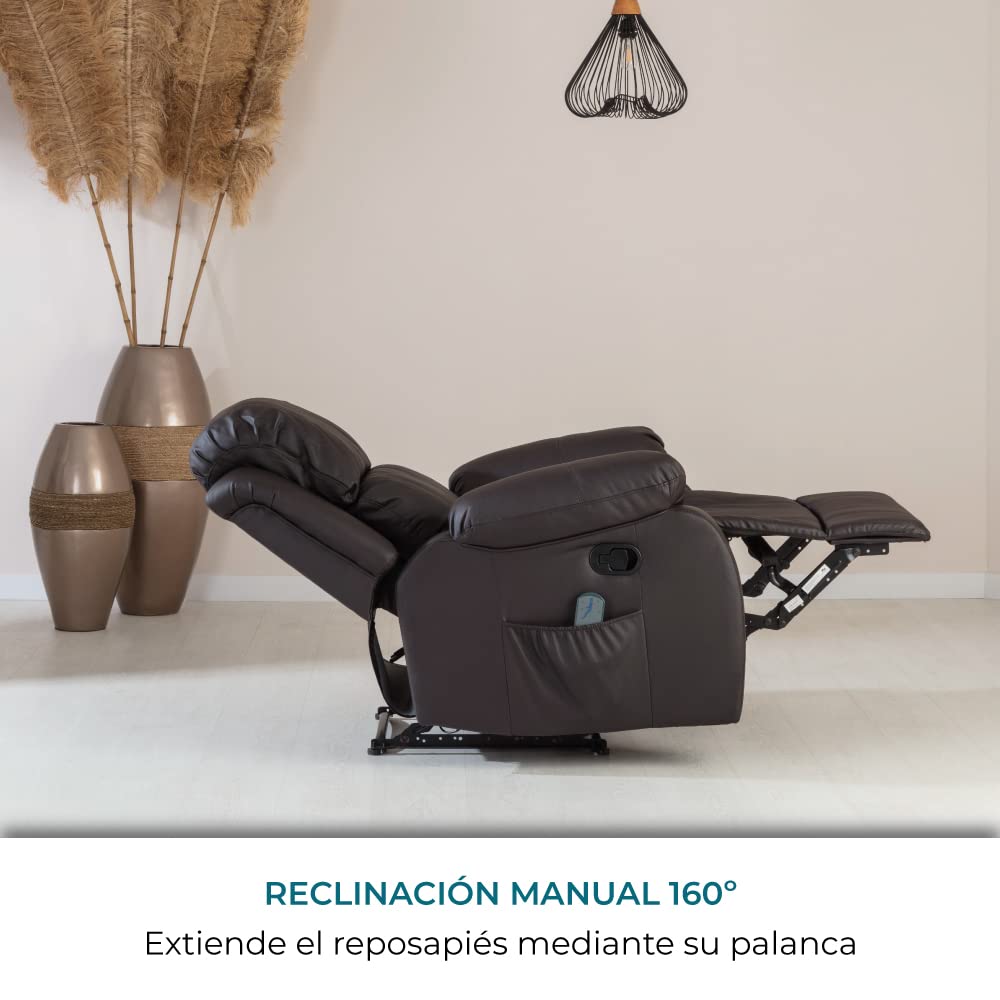 Don Descanso - Sillón Masaje Relax Calor Trevi Choco Reclinable 160º con 8 Motores Silenciosos, Calor Lumbar, Sist. Masaje 4 Zonas y Acabado en PU Anti-Cuarteo [Incluye Mando]. Ideal Gente Mayor