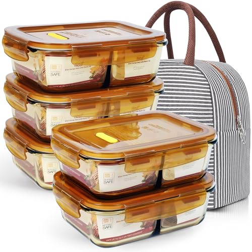 DAS TRUST 5 Pack 36oz Amber Food Storage Containers 2 Compartments Glass Meal Prep Containers with Lids Lunch Containers Adult Food Prep with Dividers
