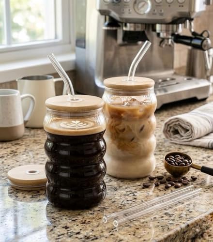 Image of SUANI Bubble Shape Glass Tumbler with Lid and Straw, 500ml Transparent Drinking Glass Cup for Iced Coffee, Cold Coffee, Juice, Smoothies, Milk, Tea and Beverages, Drinking Tumbler Pack of 1