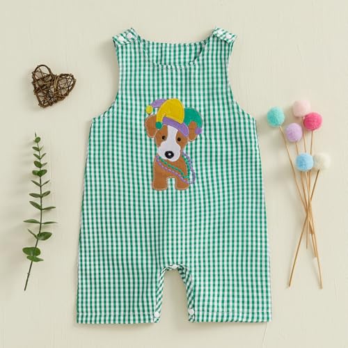 Lamuusaa Newborn Baby Girl Boy Mardi Gras Outfit Sleeveless Plaid Mardi Gras Dog/Truck Embroidery Romper Jumpsuit 0-18M2