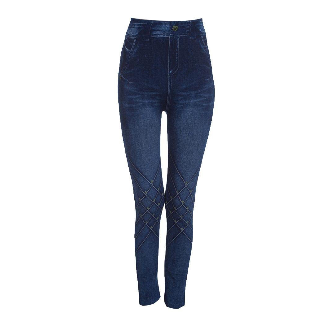 Women Yoga Gym Blue Seamless Denim Leggings Stretch Sports Pants Jeggings L-image-14