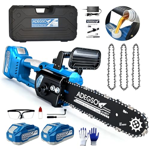 ADEGSO 12' Brushless Cordless Chainsaw, Hand Held Cordless Chain Saw with 2 x 4.0Ah Batteries,3 x Durable Chains,Electric Chainsaws Lightweight Handheld Saw for Tree Trimming, Wood Cutting, Pruning