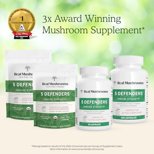 Real Mushrooms 5 Defenders Mushroom Complex – Organic Adaptogenic Mushroom Blend with Chaga, Reishi, Turkey Tail, Maitake & Shiitake for Wellness Support - Mushroom Beta Glucan Capsules - 200 Count - Image 7