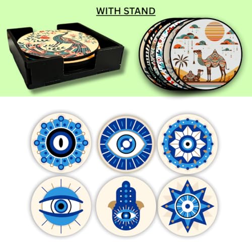 Image of Zesta Coasters for Cups Set of 6 / Wooden Coasters for Bar Accessories for Home /Tea Coaster Set of 6 / Waterproof Dining Table Decor Glass Cover (Evil Eye, Circle)