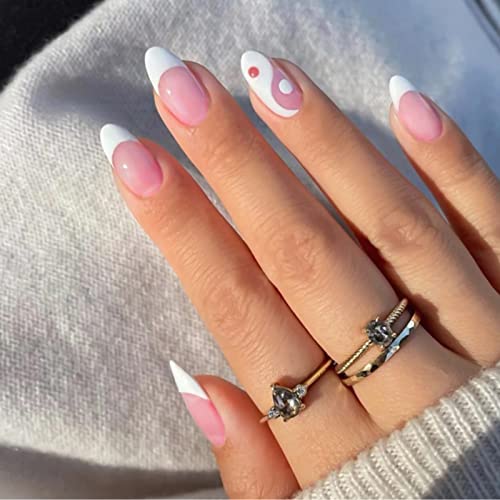 YOSOMK Press on Nails Medium Pink Round Fake Nails Glossy Stick on Nails Full Cover Glue on Nails Medium Length False Nails with Designs Acrylic Nails for Women