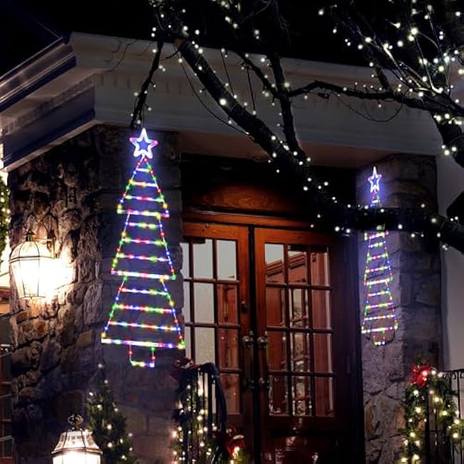 4.4 FT LED Christmas Tree Shaped Ladder Lights with Star, Plug-in Waterproof 8 Modes Christmas Window Hanging Lights for Indoor Outdoor Wall Door Xmas Decor