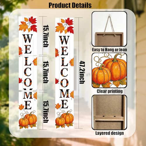 Image of Vertical Wooden Fall Welcome Porch Sign,Rustic Autumn Porch Standing Sign,Decorative Leaning Sign for Front Entrance,Farmhouse Style Outdoor Welcome Decoration-47.2 inch H.