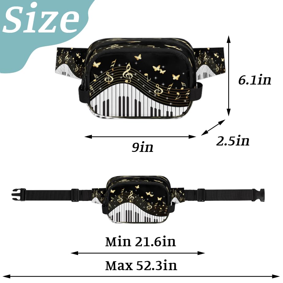 Musical Notes Illustration Waterproof Fanny Pack for Women Men Adjustable Waist Bag with Double Zipper Pockets Lightweight Square Hip Pack for Running Travel Hiking Workout Cycling