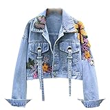 Pulcykp Jaket Denim Pakaian Musim Gugur Streetwear Cropped Bordir Jaket Denim Mantel Payet Potong Blue M