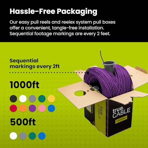 trueCABLE Cat6 Riser (CMR), 1000ft, Purple, 23AWG 4 Pair Solid Bare Copper, 550MHz, PoE++ (4PPoE), ETL Listed, Unshielded Twisted Pair (UTP), Bulk Ethernet Cable by TRUE CABLE - Image 5