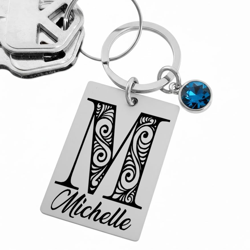 Custom Initial Keychain with Birthstone –...