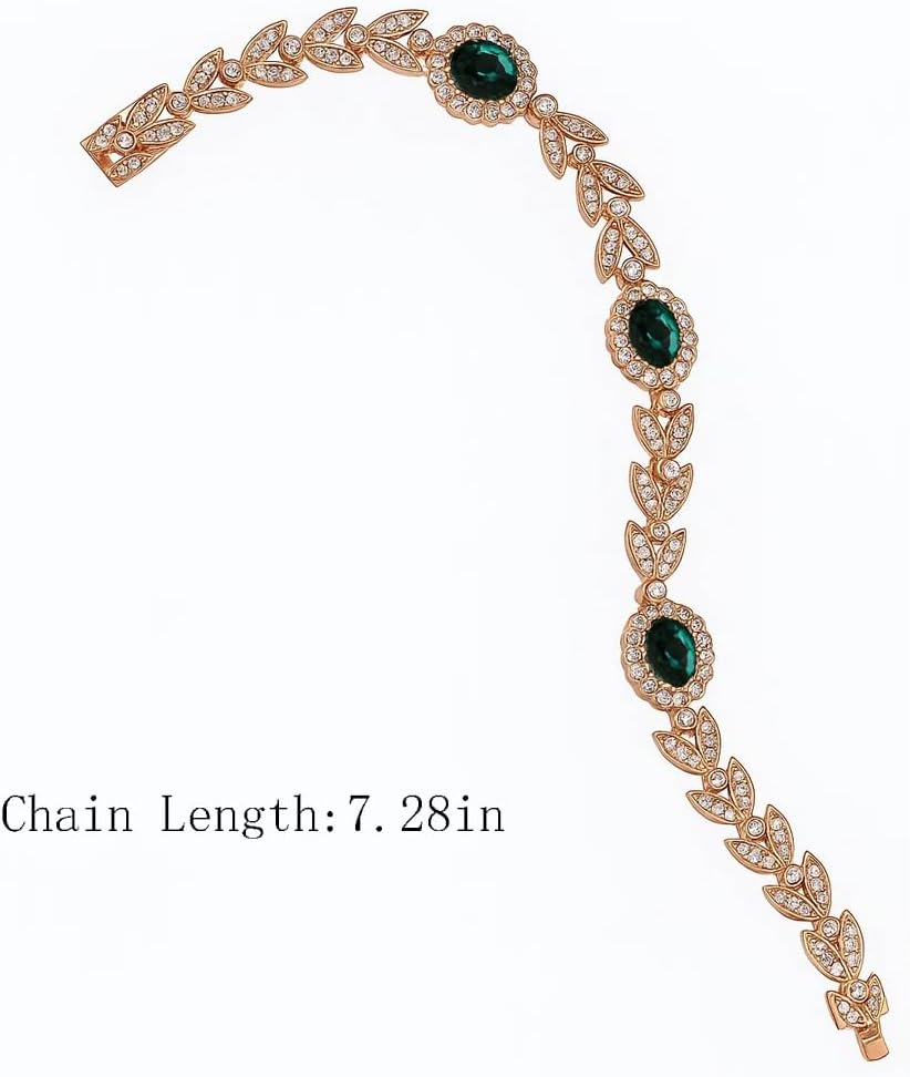 FAIRY COUPLE Emerald Green Crystal Bracelet for Women, 7.28" Rose Gold Leaf Design Tennis Bracelet with Sparkling Cubic Zirconia, Elegant Vintage Jewelry Wedding Prom B35 - Image 2