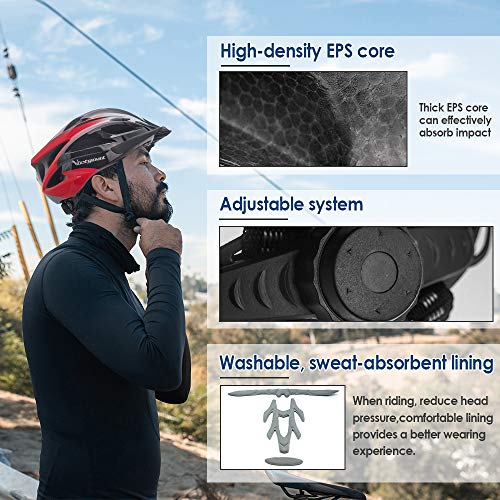 Victgoal Adults Bike Helmet for Men Women Detachable Magnetic Goggle Visor Bicycle Helmet with LED Rear Light Cycling Road Mountain Cycle Helmet (Black Red-V) - Image 3