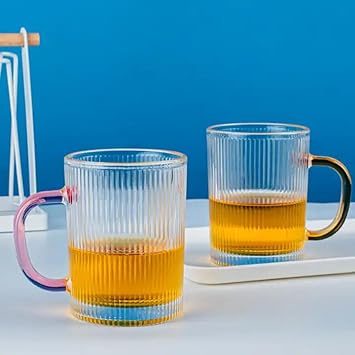 DOMINGO HUB Glass Tea Cup and Coffee Mugs with Colour Handle with 300 ML, Set of 2 Drinking Glasses Iced Tea Cup for Coffee, Milk, Tea, Juice, Beer or Hot Beverages(NO Colour Choice in Handle)
