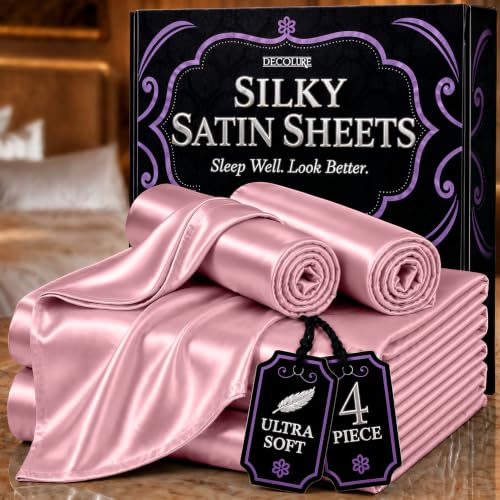 DECOLURE Satin Bed Sheets - 4 Piece Luxury Silky Queen Size Bedding Set - Softer Than Silk Wrinkle-Free with 15 Deep Pocket Fitted Sheet Perfect for Hair & Skin Gifts for Women (Pink)