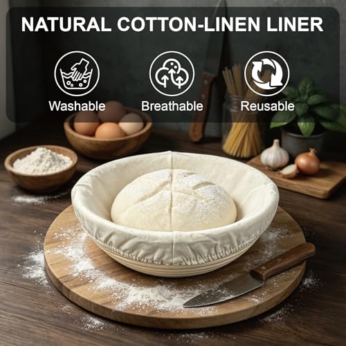 Image of 3 Pack Banneton Bread Proofing Basket, 9 Inch Round Sourdough Proofing Basket with Thick Liner, Splinter Free Food Grade Rattan Handwoven Bread Banneton for Home Baking