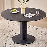 Lecafur HL 45' Round Dining Table for 4, [Cylinder Pedestal Base] [Stone-Patterned] Modern Circle Dinner Table for Kitchen Dining Living Room, Black Marble Patterned