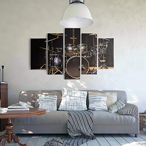 Tableau deco pentaptyque de musique avec instruments et batterie 70x100cm