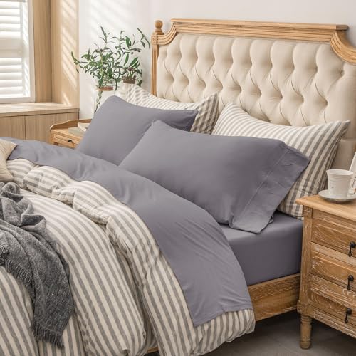 PURE ERA Jersey Knit 4pc Bed Sheet Set 100% T-Shirt Cotton Super Soft Comfy Breathable Fits Mattress Up to 20" Extra Deep Pocket (Solid Grey Purple, Queen)