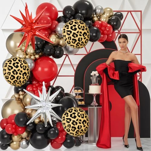Red Black Gold Balloon Arch Garland Kit Leopard Cheetah Print Party Balloons Black Red Metallic Silver Gold Explosion Star Balloon for Girl Night Bachelorette New Year Casino Birthday Party Decoration - Image 5