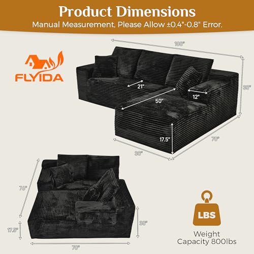 Image of 108 inch Boneless Cloud Sectional Couches for Living Room, Fluffy Comfy L Shaped Deep Seat Memory Foam Boneless Couch, Modular Sectional Sofas with Right Facing Chaise, Black