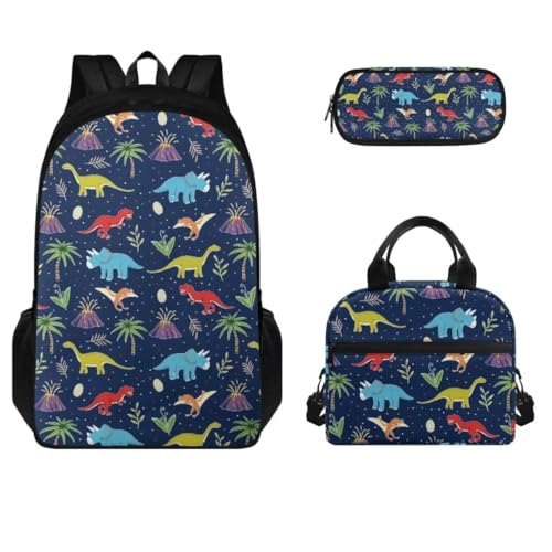Tiasarato Conjunto de mochila Kawaii para meninas, mochila escolar com lancheira, bolsa lápis 3 em 1, mochila de ombro escolar para meninos, Dinossauro de