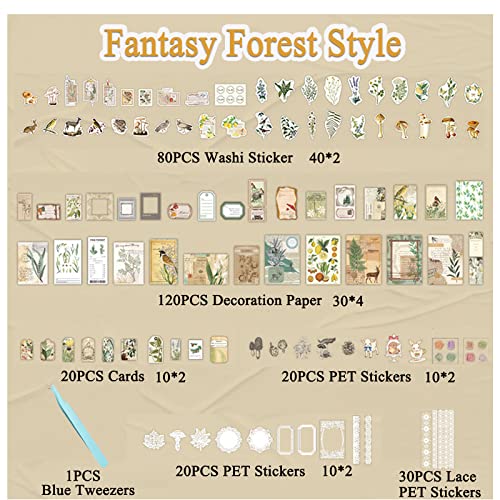 Carreuty 290pcs Aesthetic Scrapbooking Stickers Paper Pack, DIY Decorative Paper Plant Animal Supplies Stickers Paper Kit for Scrapbook Supplies Journal Kit (Fantasy Forest Life)