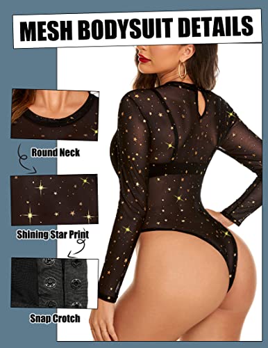 Image of Avidlove Womens Mesh Long Sleeve Bodysuit Round Neck Sheer Leotards Geo Print Bodysuit Top with Snap Crotch