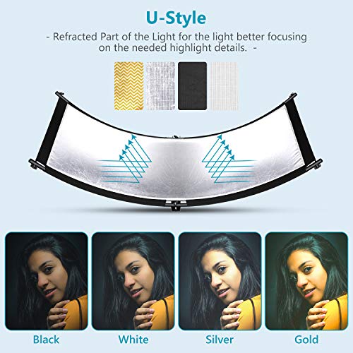 Neewer Clamshell Light Reflector with Carry Bag and 2M Light Stand, 66x24 Inch Arclight Curved Eyelighter Lighting Reflector for Portrait, Studio and Photography, Black/White/Gold/Silver