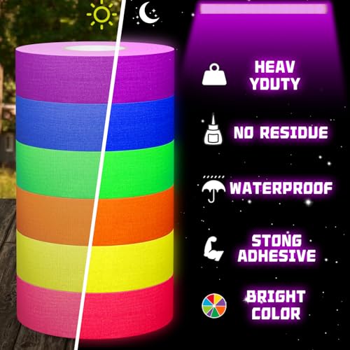 Image of SWRT Neon Gaffer Cloth UV Blacklight Tape for Halloween Decorations, 6 Rolls Multi-Color UV Fluorescent Glow in The Dark Tape for Party Decoration, Dance Floors, UV Party (1 inch x 60 feet)