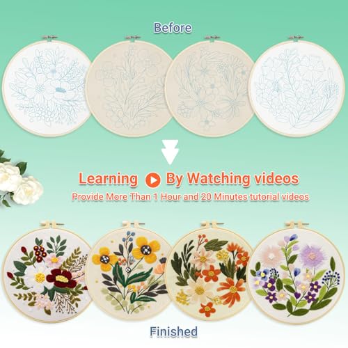 Image of Bonroy 4 Sets Embroidery Set for Beginners Art Crafts Easy Sewing Includes Embroidery Clothes with Pattern, Hoop, Instruction Manual, Color Stitch Set (Assorted 1)