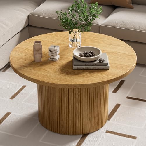 Image of Furniway Round Coffee Table, 35.4 inch Circle Wide Coffee Table, Wood Table and Center Table for Living Room, Natural