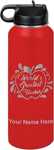 Miniatura 11 de LaserGram Botella de agua con tapa abatible de doble pared de 32 onzas con popote, el mejor maestro del mundo, grabado personalizado incluido (verde