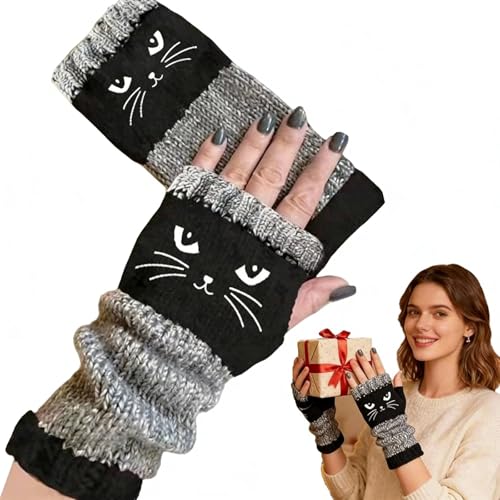 Women’s Knitted Fingerless Gloves with Cat Embroidery,Thick Warm Winter Gloves,Essential for winter travel