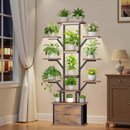 Image of Plant Stand Indoor with Grow Lights - 12 Tiered Metal Plant Shelf with Drawer, 65 inch Large Plant Stand for Indoor Plants, Holds 16 Plant Pots, Flower Holder Plant Rack for Living room, Patio, Bedroom