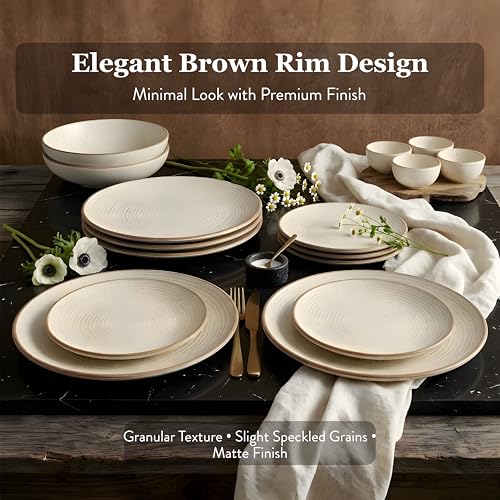 Image of Miah Decor Ceramic Dinner Set- 14-Piece Handmade Stoneware | 4 Bowls, 4 Quarter Plates, 4 Dinner Plates & 2 Serving Bowls | Off White Ribbed Matte Finish | Microwave & Dishwasher Safe | Ideal Gift