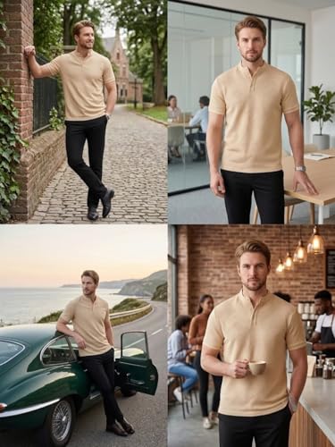 Image of Leriya Fashion Men's Textured Mandarin Collar T-Shirt | Premium Casual Polo Style T Shirt for Men | Smart Casual Office, Party &Everyday Wear