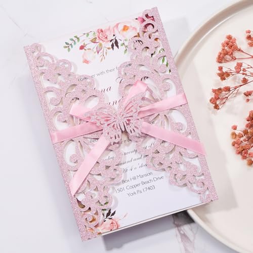 50pcs Pink Quinceanera Invitations Wedding Invites with Butterfly Ribbons Blank Invitations with Envelopes Personalized Your Party Invite for Bridal Shower Birthday Sweet 16 Invitaciones Para Boda