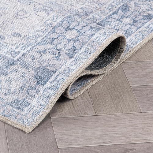 Rugshop Ocean/Blue Transitional Vintage Bordered Runner Rug — Machine Washable, 2'6"x10' for Hallway, Entryway and Kitchen