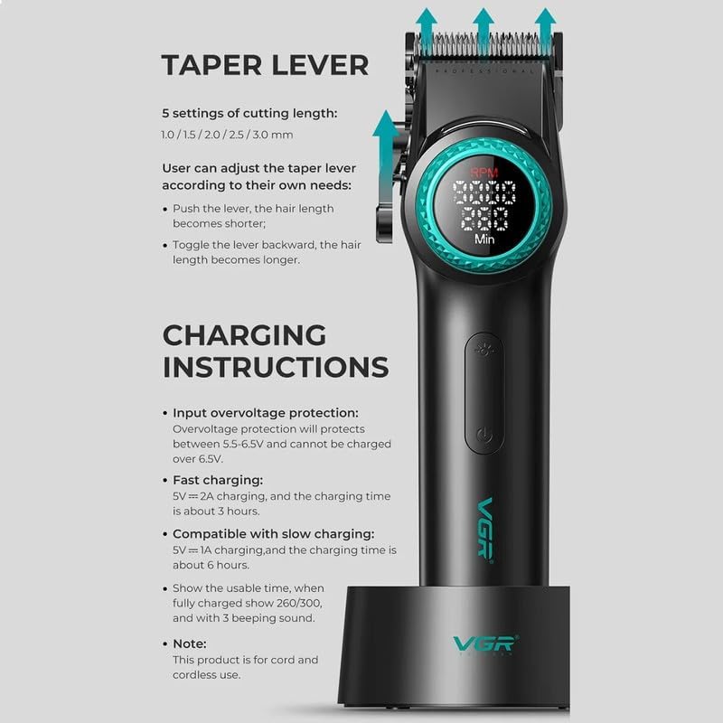 Image of VGR V- 001 Ultra Premium 7000-9000RPM Professional hair clipper Taper lever 5 Level 10x combs 4600MAH battery adapter charging base 21-level speed change Digital display LED light 300 Min, Multi 3