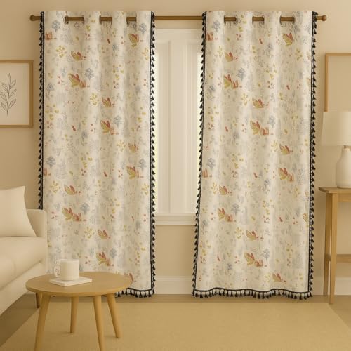 Image of Cortina 100% Cotton, Bohemian Tasseled Boho Print, Room Darkening Curtains for Window (with Back Tabs) - 7 Feet, Black, 2 Piece (Length 210 cm)